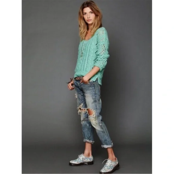 Free People Y2K Green Open Chunky Wool Mohair Blend Cable Knit Sweater Size M - Picture 3 of 16